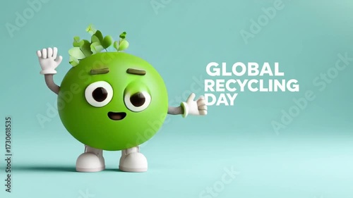 Cheerful green character promoting Global Recycling Day celebration.