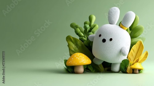 Cute white rabbit character in a vibrant rainforest setting.