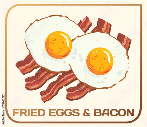 Isolated vector illustration of fried eggs and bacon. Cartoon icon of a classic breakfast plate of fried eggs and bacon. The two sunny side up eggs have golden yolks and crisp white whites. 