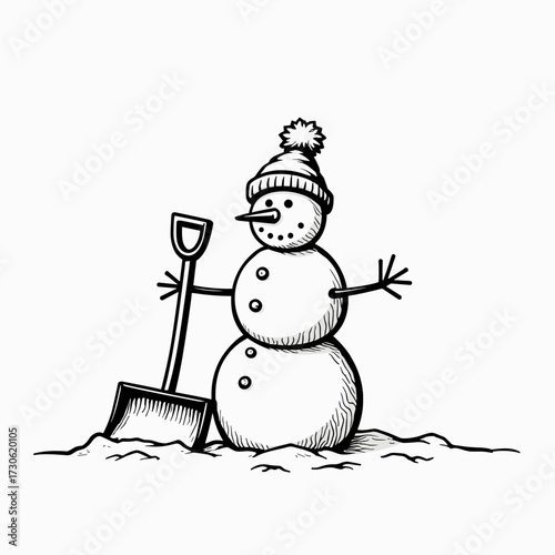 Cartoon snowman standing in snow with shovel on winter background  