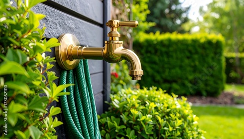 Golden garden faucet, green hose, lush greenery