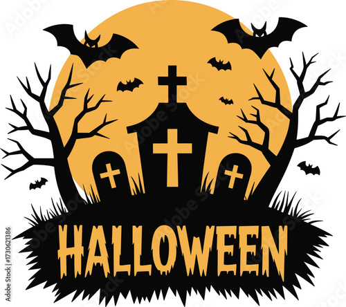 Halloween graveyard flat design vector on white background