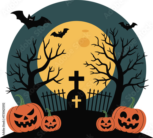 Halloween graveyard flat design vector on white background