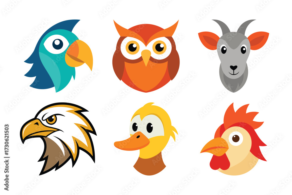 Naklejka premium Colorful Cartoon Bird and Farm Animal Head Icons – Parrot, Owl, Goat, Eagle, Duck, Rooster