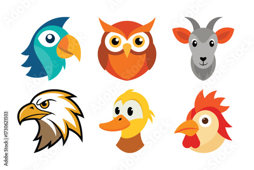 Colorful Cartoon Bird and Farm Animal Head Icons – Parrot, Owl, Goat, Eagle, Duck, Rooster