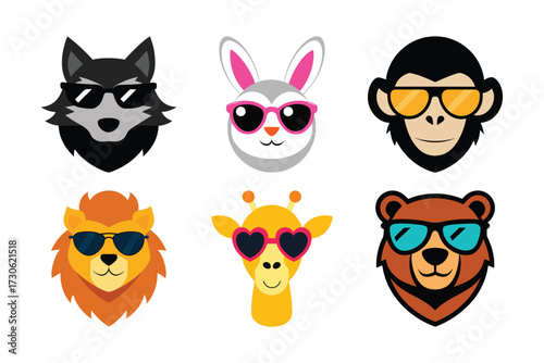 Cool Cartoon Animal Faces with Sunglasses – Wolf, Rabbit, Chimp, Lion, Giraffe, Bear