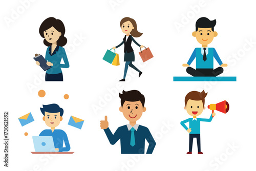 Cartoon People Activity Icons – Shopping, Meditation, Work, Communication, Approval, Speaking