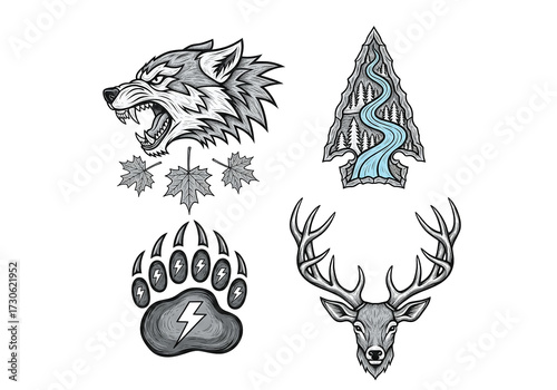Bold woodland creature emblems featuring a fierce wolf, majestic deer, bear paw print with lightning, and a forest river arrowhead design, evoking wild nature and power.