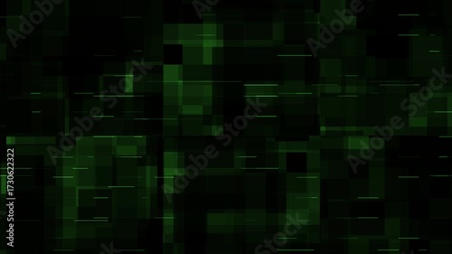 The video features a dark green abstract background with geometric shapes like rectangles and lines, creating a modern and digital feel, evoking a sense of technology