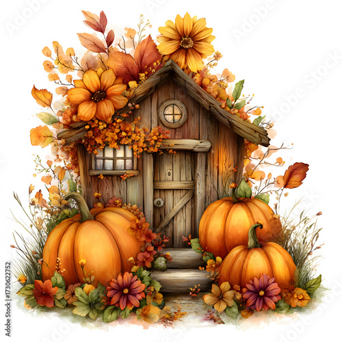 Rustic autumn cottage illustration with pumpkins, wooden house, orange flowers, colorful leaves, seasonal harvest composition, cozy fall countryside decorative artwork design
