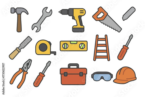 Colorful hand tools set: hammer, drill, saw, ladder, toolbox, goggles, helmet