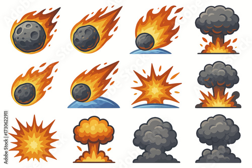 Comet and explosion icons set: fiery meteors, explosions, and mushroom clouds