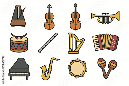 Colorful musical instruments collection featuring violin, trumpet, and piano