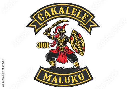 Fierce warrior with sword and shield emblazoned with 'CAKALELE' and 'MALUKU' and number 3101, perfect for cultural or historical designs.
