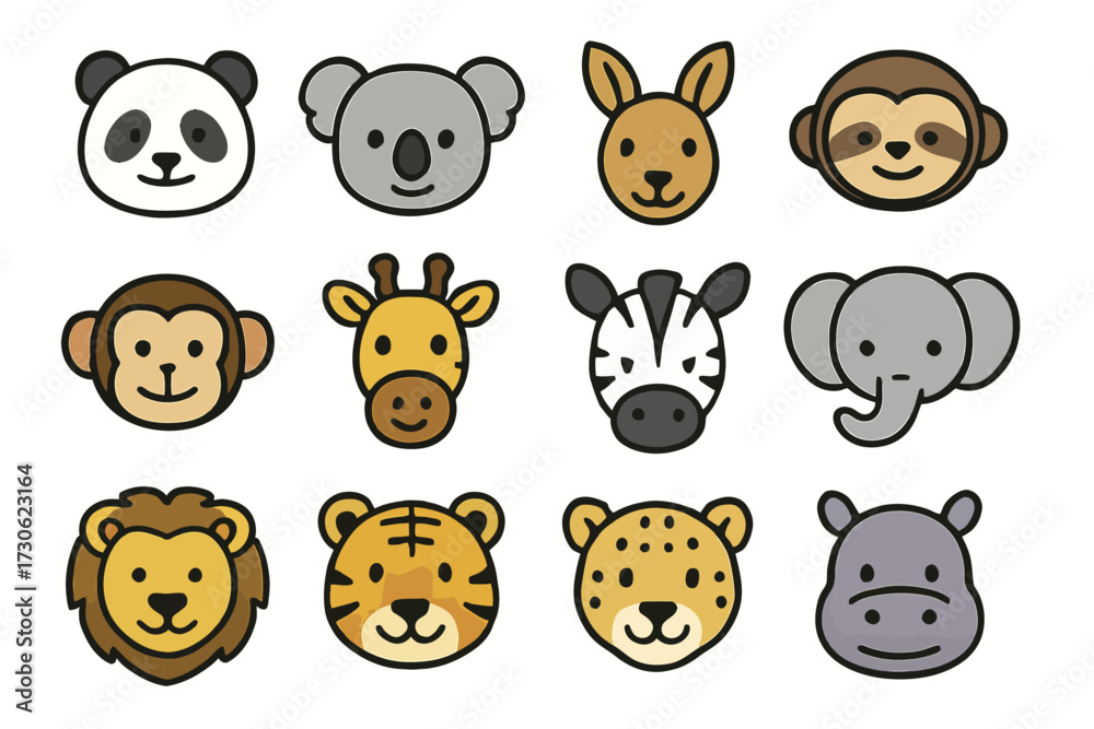 Fototapeta premium Cartoon animal faces: panda, koala, kangaroo, monkey, giraffe, zebra, elephant, lion, tiger, cheetah, hippopotamus