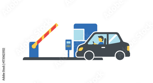 A cartoon illustration of a car approaching a toll booth with the barrier raised.