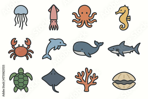 Cartoon sea creatures collection: jellyfish, octopus, seahorse, crab, dolphin, whale, shark, turtle, ray, coral, clam