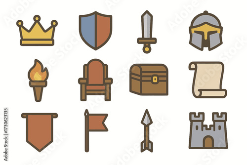 Medieval icons: crown, shield, sword, helmet, torch, throne, chest, scroll, banner, castle