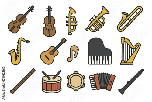 Collection of musical instruments illustrations: piano, guitar, violin, trumpet, saxophone