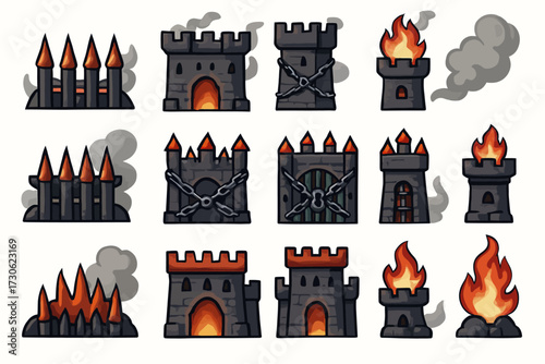 Cartoon medieval fortress icons with fire and chains