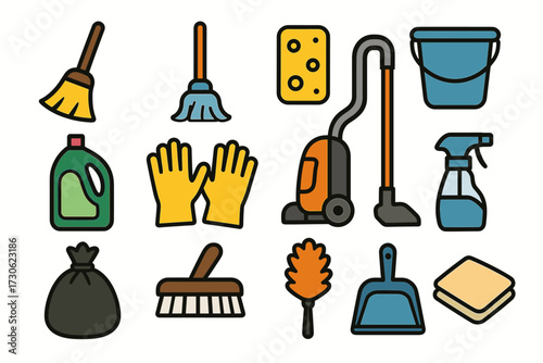 Colorful cleaning tools collection: broom, mop, vacuum, gloves, bucket, spray, brush, sponge