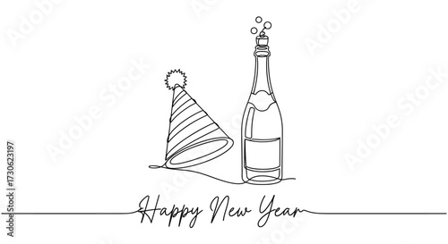 A minimalist line drawing depicting a champagne bottle, party hat, and celebratory text.