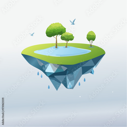 Floating island with green trees and clear water in a serene landscape setting