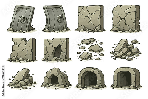 Ancient stone doors and archways with cracks and ruins