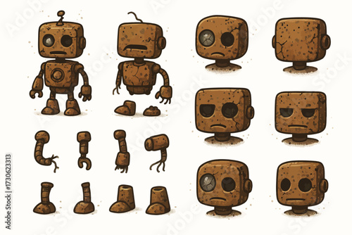 Rustic cartoon robot with interchangeable components and expressions