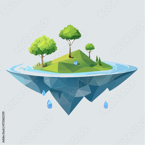 Floating island with green trees and clear water in a serene landscape setting