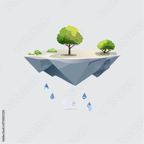 Floating island with green trees and clear water in a serene landscape setting