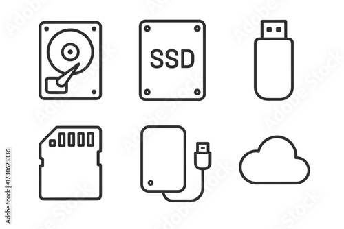 External and internal storage devices: ssd, hard drive, usb, sd card, cloud icons