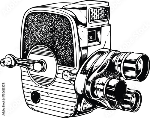 Analog Film Camera 20s-70s retro vintage drawing engraving style