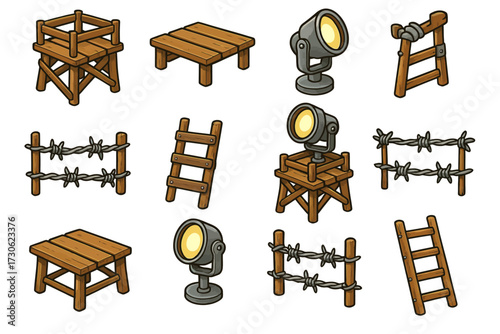 Collection of wooden platforms, spotlights, barbed wire, and ladders in cartoon style