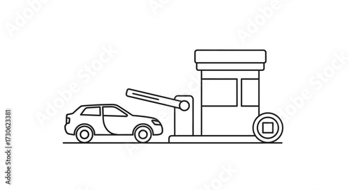 A car approaches a toll booth with a barrier arm, depicted in a simple line drawing style.