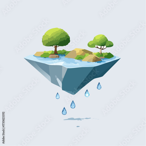 Floating island with green trees and clear water in a serene landscape setting