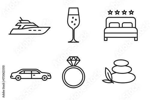 Luxury symbols collection: yacht, champagne, five-star hotel, limousine, diamond, spa stones
