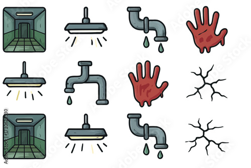 Cartoon icons of sewer tunnels, lights, leaky pipes, red hands, and cracks