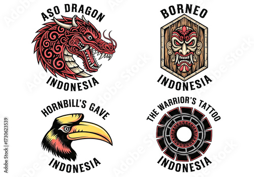 Discover vibrant Indonesian culture with striking dragon, warrior mask, and hornbill designs for unique branding and artistic projects
