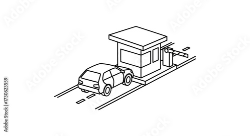 A small car approaches a toll booth, waiting for the barrier to lift.
