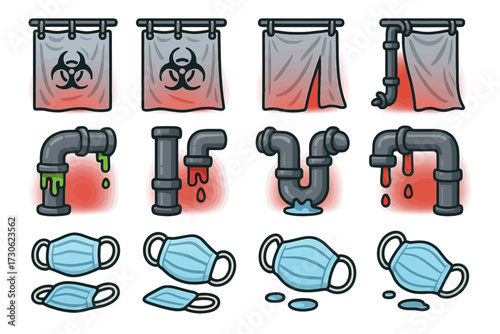 Virus-infected curtains, leaky pipes, and face masks illustrations