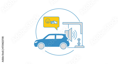 Illustration depicts a blue car undergoing a noise test, with a speech bubble showing a sad face.