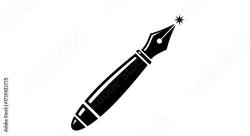 Black and white illustration of a fountain pen with a shining tip, isolated on white.