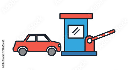A red car approaching a toll booth with the arm raised, ready to pass.