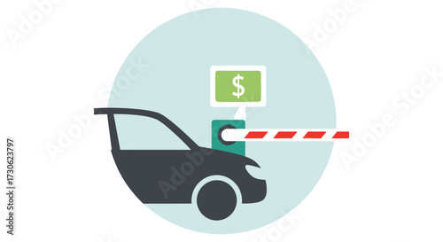 Car approaching a toll booth with a dollar sign displayed, barrier arm raised.