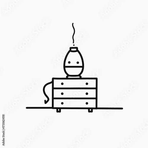 Humidifier on dresser with steam rising in minimalist style  