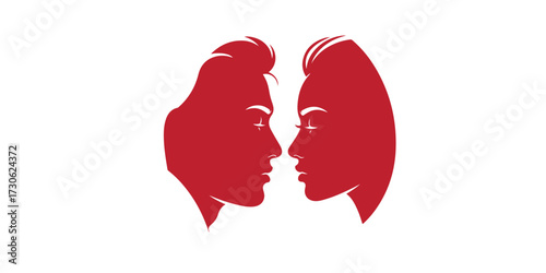 Silhouette of a couple facing each other in red against a white background conveying intimacy and connection with a minimalist aesthetic
