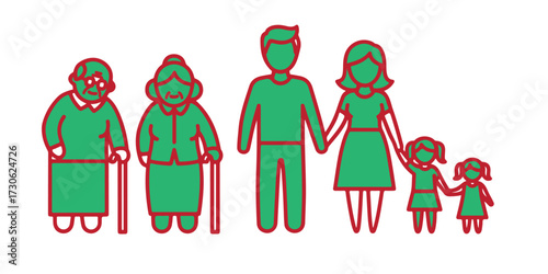 Illustration of a multigenerational family including grandparents parents and children in a simple line drawing style on a white background