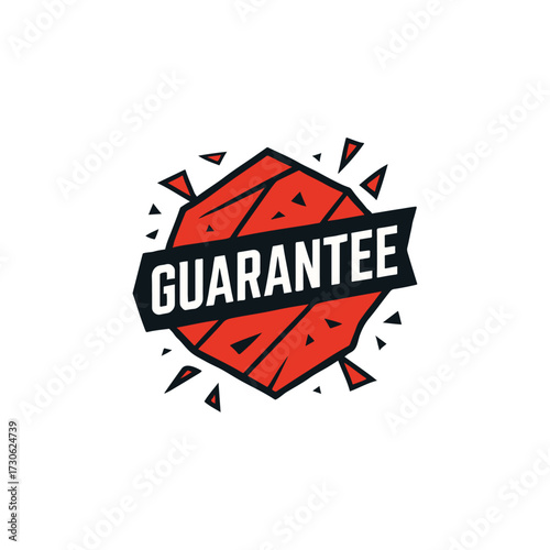 Bold vector guarantee badge shaped like a fractured polygon with sharp edges