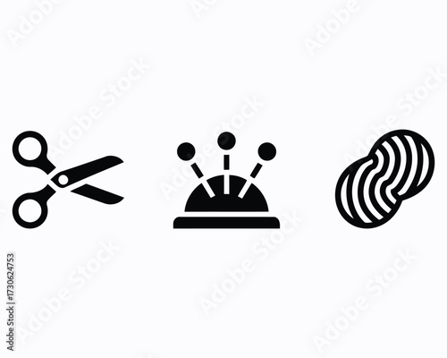 Sewing Essentials Depicted as Black and White Icons Featuring Scissors, a Pin Cushion, and Spools of Thread Ready for Crafting